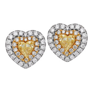 white and yellow gold heart halo earrings set with yellow heart diamonds surrounded