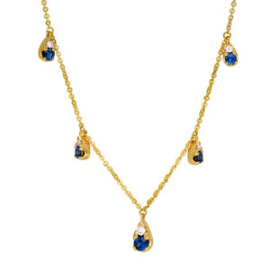 yellow gold station necklace set with round blue sapphires and round diamonds