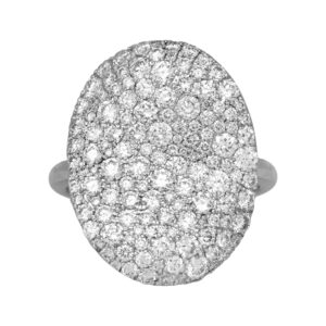 white gold oval ring set with round brilliant diamonds