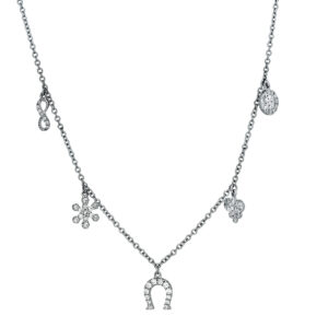 white gold charm necklace set with multple charms and single cut diamonds