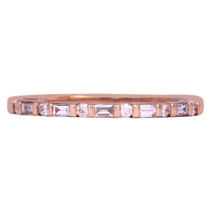 rose gold band set with round and baguette diamonds