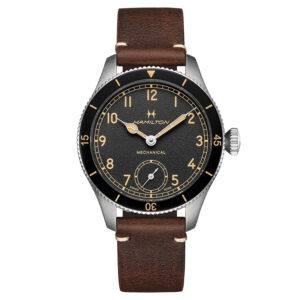 stainless steel watch with a black dial and brown leather strap