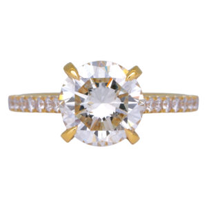 yellow gold under-halo engagement ring centered with a round diamond and round diamonds in the band and under-halo