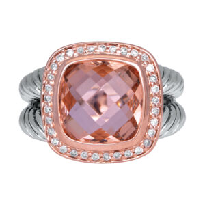sterling silver and rose gold David Yurman ring centered with a cushion morganite surrounded by a round diamond halo