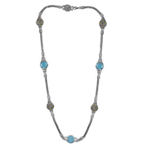 sterling silver & yellow gold station necklace set with 3 round brilliant blue topaz