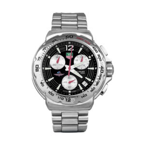 stainless steel watch with a black chronograph dial