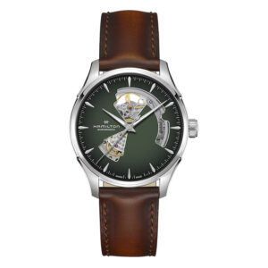 stainless steel watch with a smoked green exoskeleton dial, brown leather strap