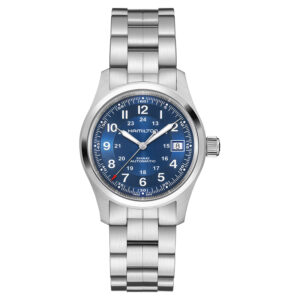 stainless steel watch with a blue dial