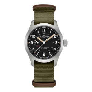 stainless steel with a black dial and olive nato fiber strap