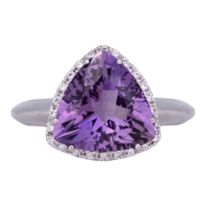 white gold halo ring centered with a trillion amethyst surrounded by round brilliant diamonds