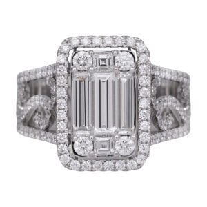 white gold cluster halo ring set with round, baguette, and princess cut diamonds