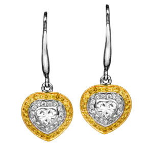 white and yellow gold heart drop earrings set with heart diamonds surrounded by round diamonds