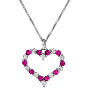 white gold open heart pendant set with white diamonds and pink sapphires