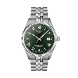 stainless steel watch with a green dial and white markers