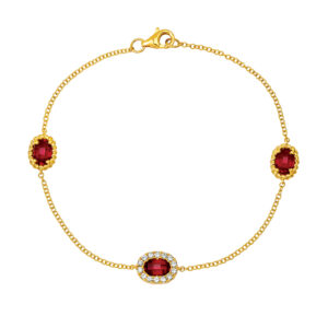 yellow gold diamond cable link chain station bracelet set with oval rubies surrounded round diamond haloes
