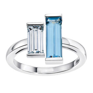 white gold ring set with an emerald cut aqua spinel and an emerald cut diamond