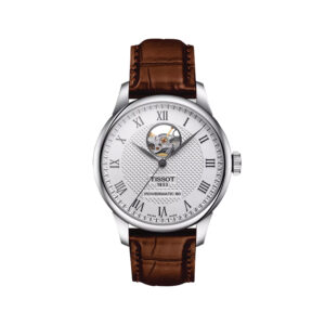 stainless steel watch with a white dial and brown leather strap