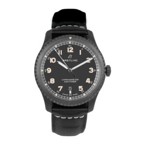 black DLC stainless steel watch with a black dial and black leather strap, white markers