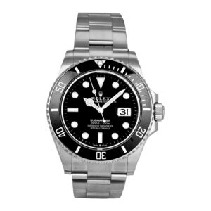 stainless steel Rolex with a black dial and black bezel