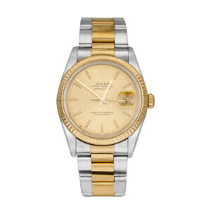 stainless steel and yellow gold Rolex with a gold bezel and champagne dial