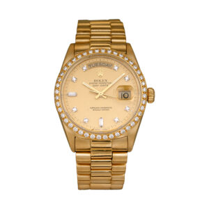 yellow gold Rolex with a lemon diamond dial and diamond bezel