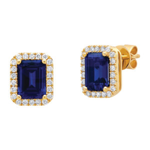 yellow gold earrings set with emerald cut sapphires surrounded by round diamonds