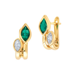 yellow gold drop earrings set with a flame cut emerald and a marquise diamond