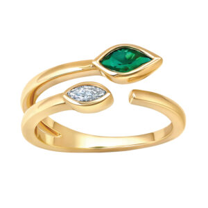 yellow gold bypass ring set with a marquise diamond and emerald