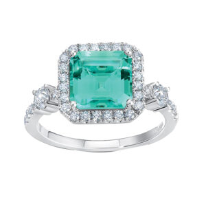 white gold halo ring centered with an octagon cut chrysoberyl surrounded by diamonds