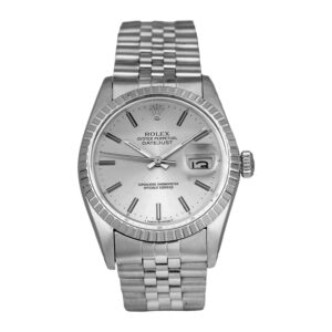 stainless steel Rolex with a silver dial and fluted bezel