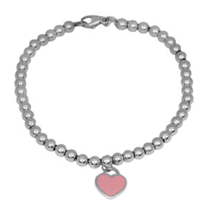 sterling silver bead bracelet with a pink enamel heart tag