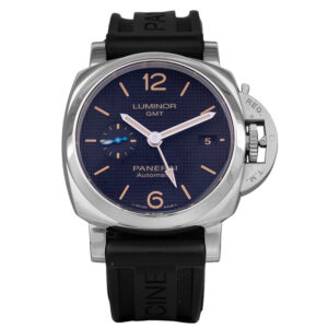 stainless steel watch with a black dial and black strap