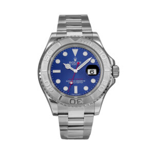 stainless steel Rolex with a blue dial and platinum bezel