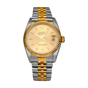 stainless steel and yellow gold rolex with a champagne dial