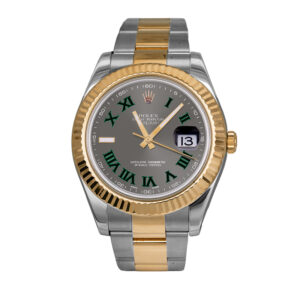 stainless steel and yellow gold rolex with a slate dial and green roman numerals