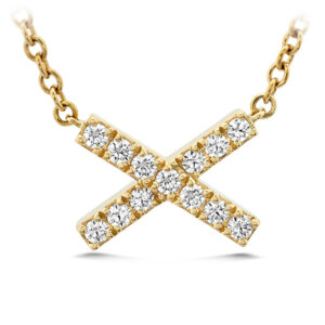 yellow gold X pendant set with round brilliant diamonds