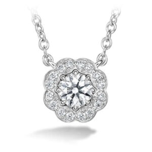 white gold halo pendant set with round brilliant diamonds