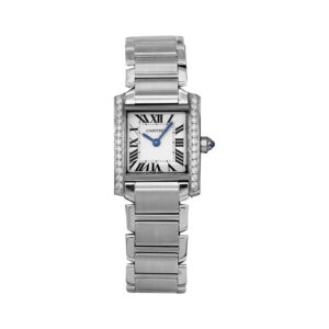 stainless steel rectangular Cartier watch with a silver dial and diamond bezel