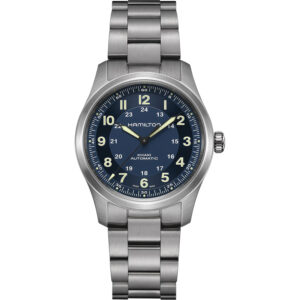 stainless steel watch with a navy blue dial