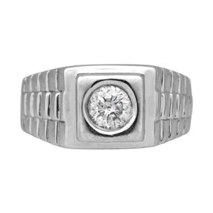 white gold Rolex style link ring set with a round brilliant diamond
