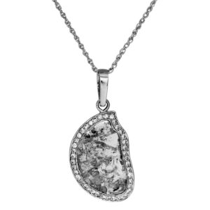 white gold halo pendant set with a freeform salt and pepper rose cut diamond