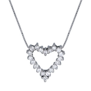 white gold open heart pendant set with round diamonds