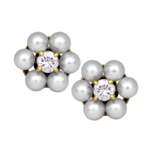 yellow gold cluster earrings centered with round diamonds surrounded by pearls