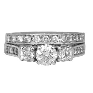 white gold wedding band set, 3-stone ring with round diamonds in the bands