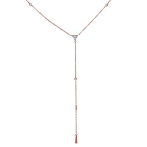 yellow gold lariat necklace set with round diamonds