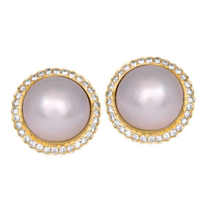 yellow gold Mabe pearl and diamond halo earrings