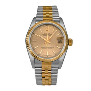 stainless steel and yellow gold rolex with a champagne dial
