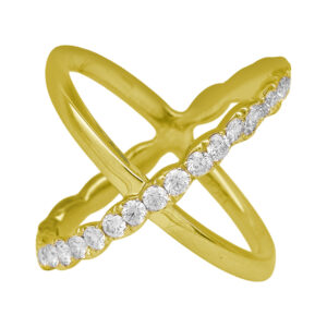 yellow gold x-shaped crossover ring set with round diamonds one one band