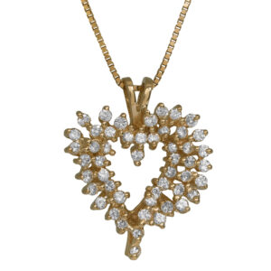 yellow gold heart pendant set with round diamonds