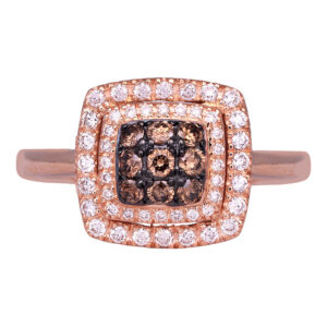 rose gold cluster double halo ring set with round brilliant brown diamonds